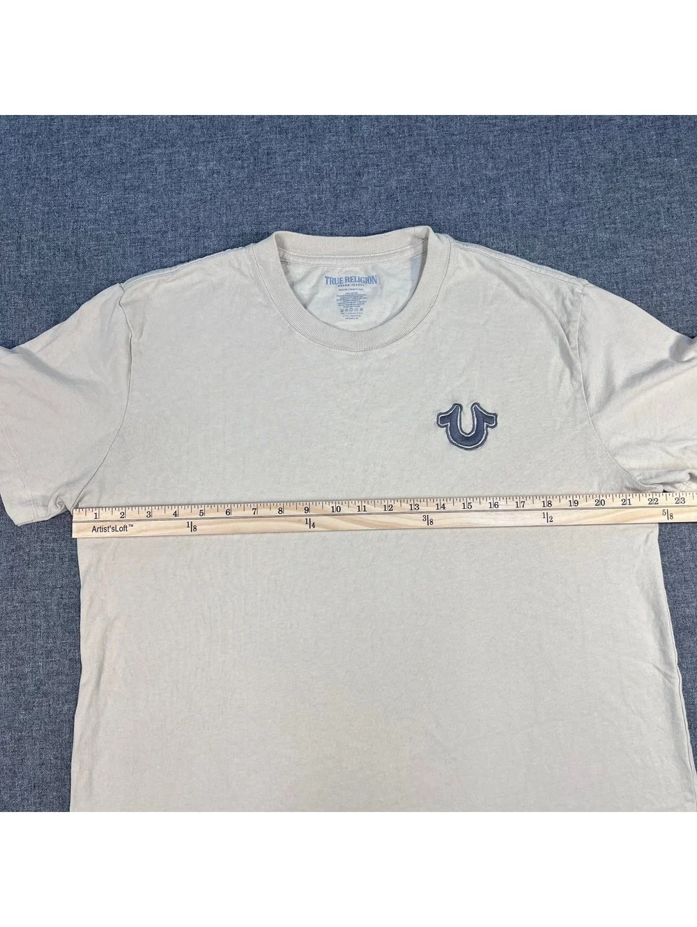 Men's True Religion Short Sleeve T-shirt, cream with embroidered logo, Medium